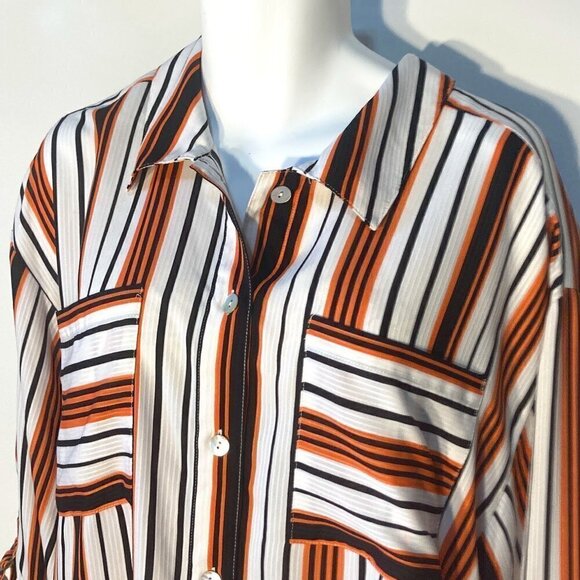 Ruby Rd. SZ 2X navy, coral & white stripe blouse long or roll tab sleeve comfy - Picture 2 of 9